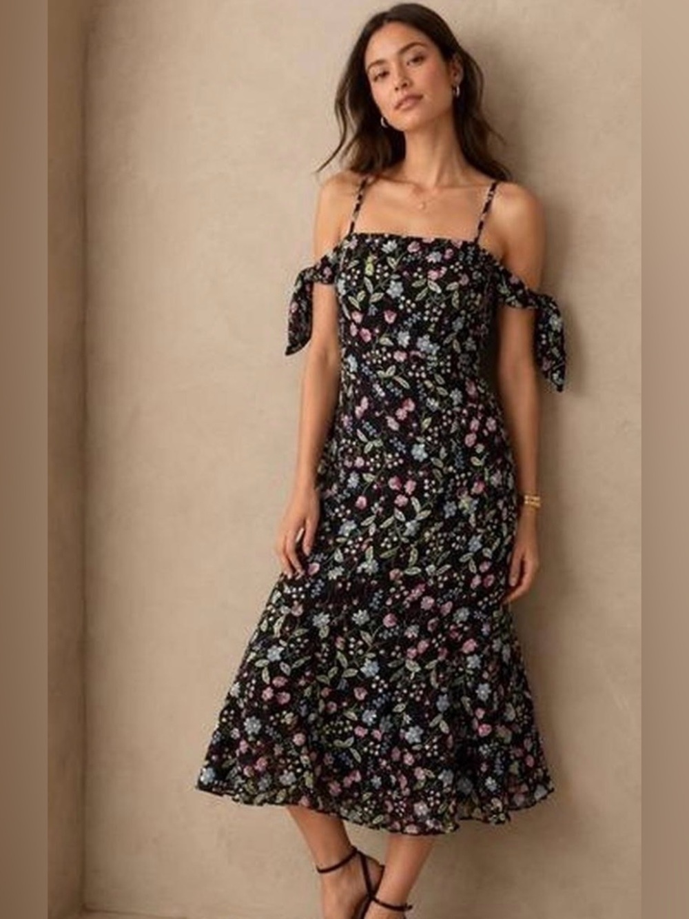 Nanette Lepore Black Floral Cold-Shoulder Midi Dress with Pink and Blue Blooms